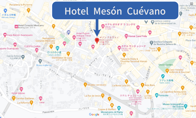 メキシコ　グアナファトのホテル　Hotel Mesón Cuévano 地図